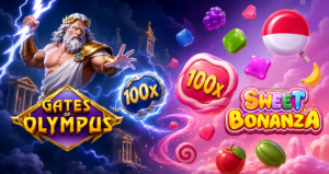Perbandingan visual antara slot Gates of Olympus dan Sweet Bonanza dari Pragmatic Play.